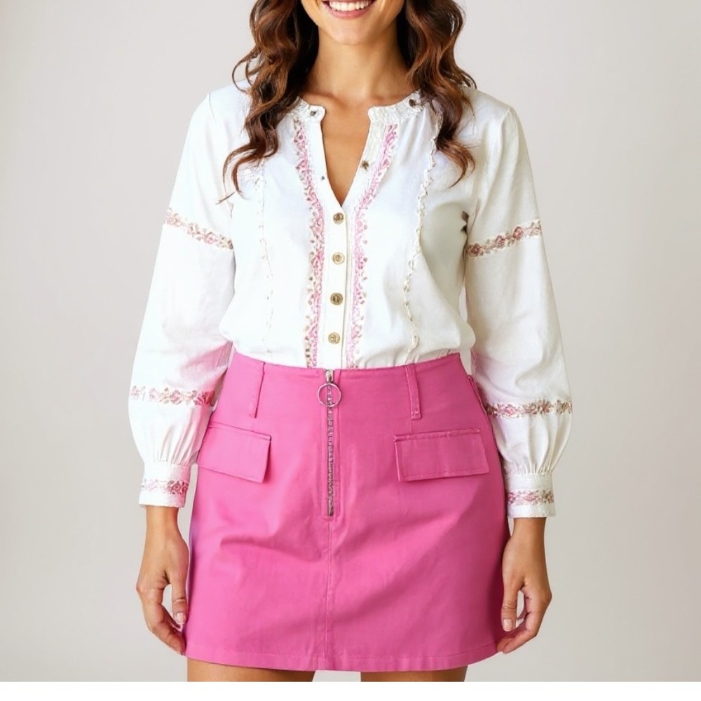Know One Cares Pink Mini Skirt Full Zip  Cotton Boho Festival‎ Casual Y2K Medium